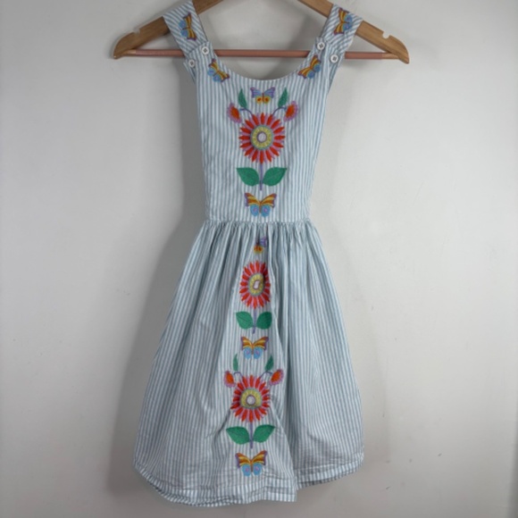 Mini Boden Dress 7-8 Embroidered Floral Cross Back Cotton Stripe Preppy Beach - Picture 3 of 13